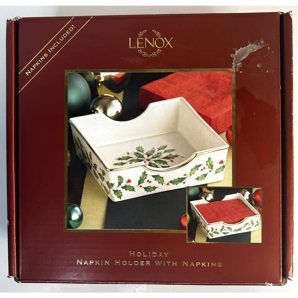 NEW LENOX Porcelain Holiday Napkin Holder Linen Napkins Holly Berry Never Opened